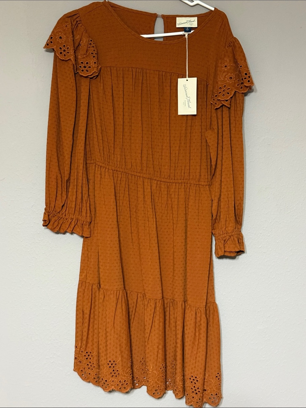 Universal Thread Rust Orange Eyelet-Tier Long Sleeve Dress